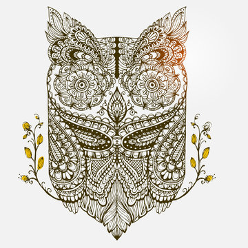 Hand-drawn Owl with ethnic ornaments floral doodle pattern. Vector illustration Henna Mandala Zentangle stylized. Design for spiritual relaxation for adults.