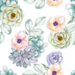 A seamless pattern with the succulents, flowers, leaves and branches, on a white background