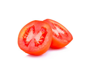 Half of fresh tomatoes with drops isolated on white background.