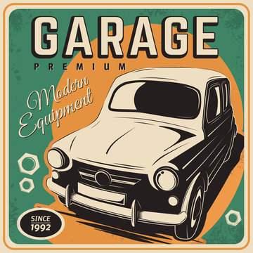 Vector illustration with the image of an old classic car, design logos, posters, banners, signage. Using vintage and grunge style. Retro illustration on the theme of service stations, tire service.