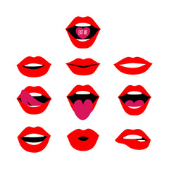 Woman red lips set. Mouth with a kiss, smile, teeth, laugh, tongue up and down, open mouth with Eat Me lettering on candy. Vector flat design elements isolated on white background.