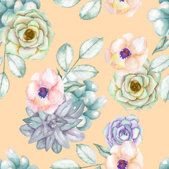 A seamless pattern with the succulents, flowers, leaves and branches, on a pink background