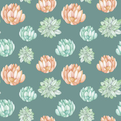 Seamless pattern with the watercolor tender mint and pink succulents, hand drawn on a green background
