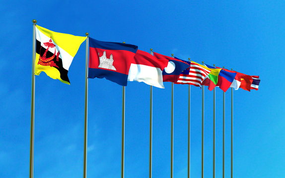  Asean Economic Community flags on the blue sky background. 3D illustration