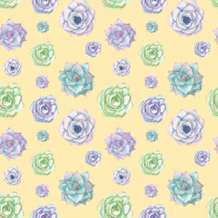 Fototapeta na wymiar Seamless pattern with the watercolor tender mint and purple succulents, hand drawn on a yellow background