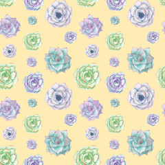 Seamless pattern with the watercolor tender mint and purple succulents, hand drawn on a yellow background