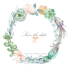 Fototapeta na wymiar A circle frame, wreath, frame border for a text with the watercolor flowers and succulents, hand drawn on a white background, a greeting card, a decoration postcard or wedding invitation