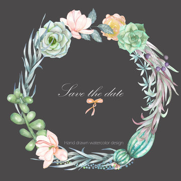 A circle frame, wreath, frame border for a text with the watercolor flowers and succulents, hand drawn on a white background, a greeting card, a decoration postcard or wedding invitation