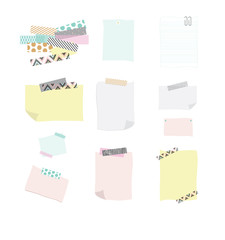 set of multicolor note paper, stickers and  pins. Vector blank reminder paper notes with creative sticker tape. Concept of task, information reminder, notebook, memo list. Flat vector illustration.