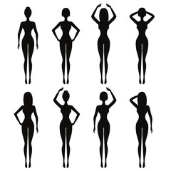 Beautiful fit woman silhouettes in standing poses. Model black lit vector girls shapes isolated on white