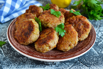 Juicy, meat patties on a plate on a concrete background. Selective focus.