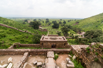 The historical ruins of the now famous Bhangarh Fort with ruins of temples, shops, gates and ramparts in the Rajgarh municipality of the Alwar district in the state of Rajasthan in India 