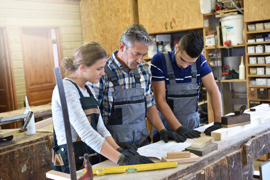 Group of students in woodwork training course