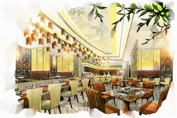 sketch interior all day into a watercolor on paper.