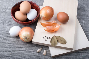 Top view of the raw ingredients for cooking in vintage style