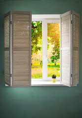 window with wooden shutters