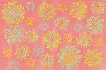 Watercolor seafoam blue and yellow abstract flowers on watercolor pink background