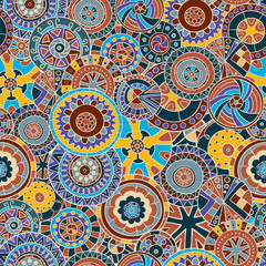 Seamless pattern of hand-drawn and painted mandalas.