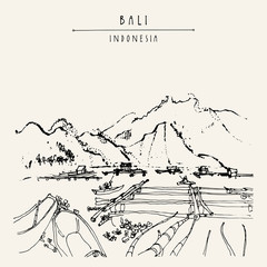 Volcano lake Batur, floating garden and fishing boats near Kintamani, Bali province, Indonesia, Southeast Asia. Hand drawing. Travel sketch. Book illustration, postcard or poster