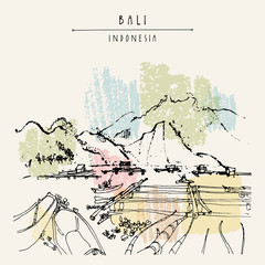 Fototapeta premium Volcano lake Batur, floating garden and fishing boats near Kintamani, Bali province, Indonesia, Southeast Asia. Hand drawing. Travel sketch. Book illustration, postcard or poster