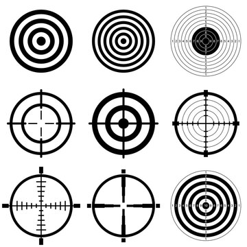 Sniper Scope And Shooting Target Icons. Set Of Nine Black Vector Precision Targets For Rifle And Pistol Shooting