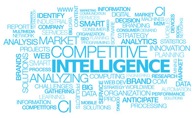 Competitive intelligence words tag cloud strategic decisions business organization white background animation blue text white background