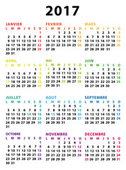 Calendrier 2017 annuel en français multicolore.