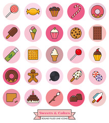 Sweets and Cakes Round Filled Line Icon Set