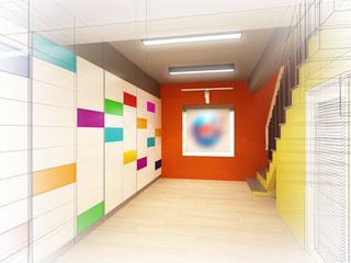 sketch design of interior stair hall ,3d rendering