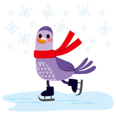 Cute pigeon with red scarf skating on frozen ice