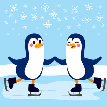 Two cute penguins skating together on frozen winter day