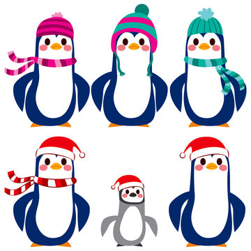 Adorable penguin character collection wearing warm wool hat and scarf 