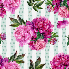 Hand drawn pink peonies bouquet seamless pattern