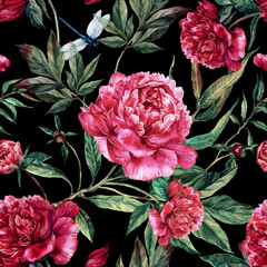 Panele Szklane  Ręcznie rysowane różowe piwonie bukiet wzór