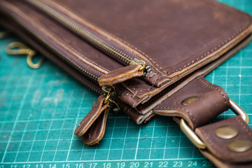 Handmade of genuine dark brown leather belt bag unisex with equi