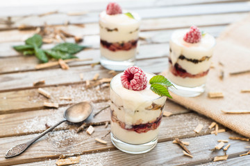 Frozen dessert with raspberries and oat flakes. Healthy breakfast