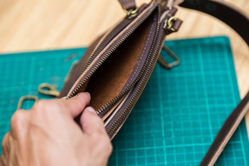 Handmade of genuine dark brown leather belt bag unisex with equi