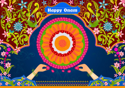 Colorful pookalam flower rangoli for Happy Onam