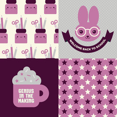Back to school patterns and posters. Collection of 2 school themed retro seamless patterns and 2 School themed posters, one reads Welcome Back To School and the other one Genius in the making.