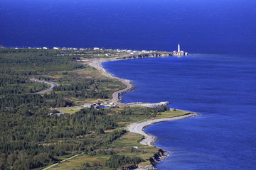Fototapeta na wymiar Cap des Rosiers Lighthouse, aerial view, Gaspesie, Quebec, Canada