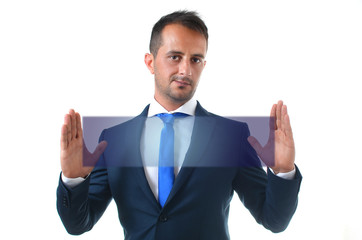 business man show  empty space between his hands
