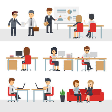 Business people work at office vector cartoon character. Businessman and businesswoman in office vector flat illustration Business infographic elements. Man and woman working at computer in workplaces