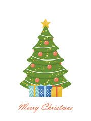 Christmas tree decorated with red balls and garlands. Concept design background for label tag. Template for greeting cards, invitations or Christmas banner. Vector illustration in flat style.