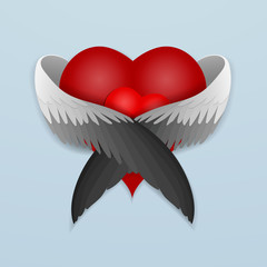 Red heart with wings lovingly hugging heart. Vector illustration