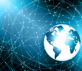 Best Internet Concept of global business. Globe, glowing lines on technological background. Electronics, Wi-Fi, rays, symbols Internet, television, mobile and satellite communicationsblue blur