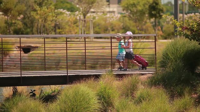 Little lovely kids hold hands and cross bridge with a suitcase