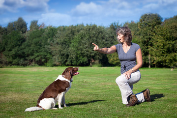 woman teaches her dog a command