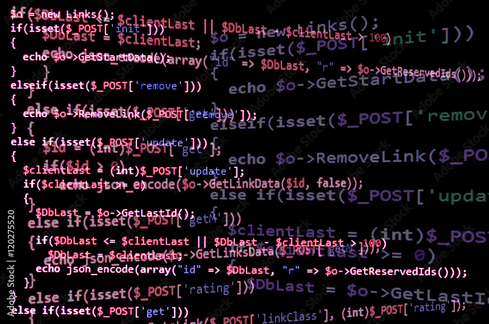 Poster programming code on black screen, red text