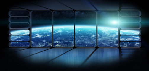 View of the planet earth from a huge spaceship window 3D renderi