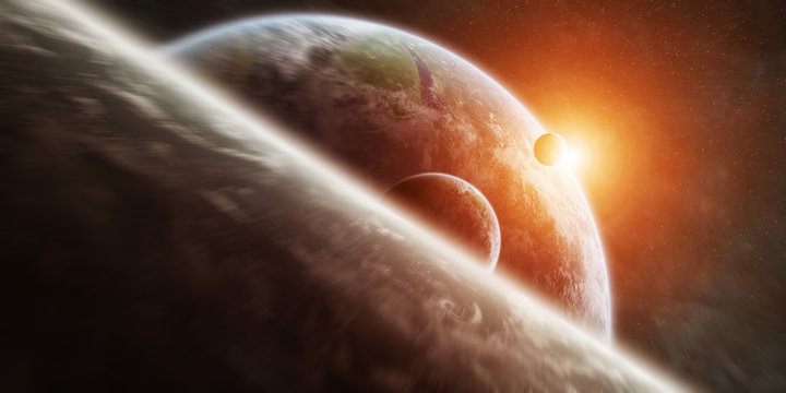 Sunrise over distant planet system in space 3D rendering element